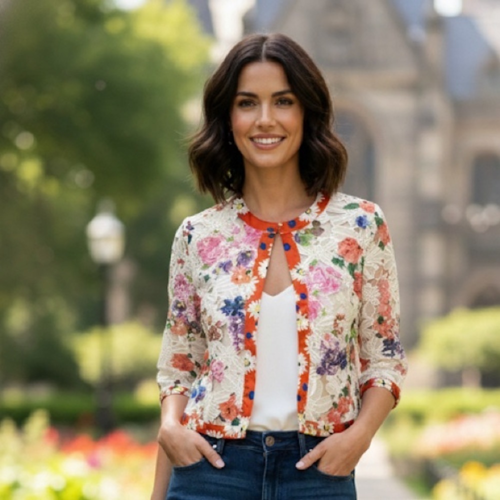 Michael Simon Floral cutout lace silk blend cardigan jacket size PM